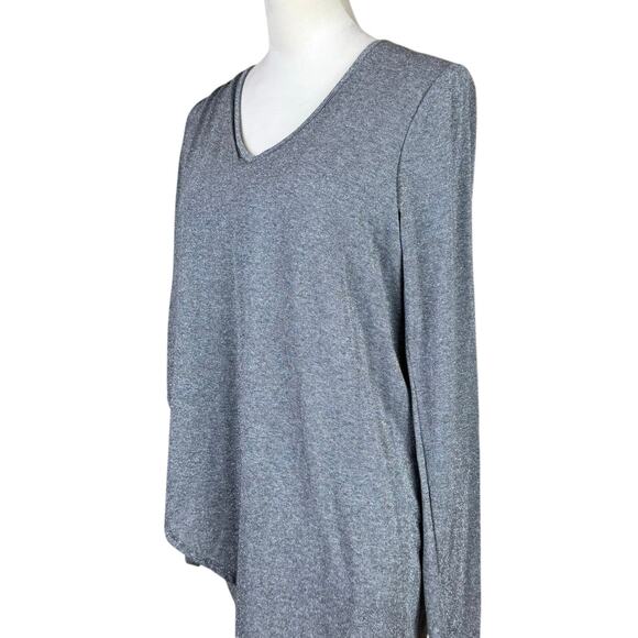 Lola & Sophie Gray Thin Knit Silver Metallic Long Sleeve Asymmetrical Fitted Top - Picture 7 of 12